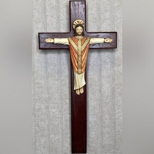 Vintage Jesus Christ wall cross crucifix Halo Wood resin 13”